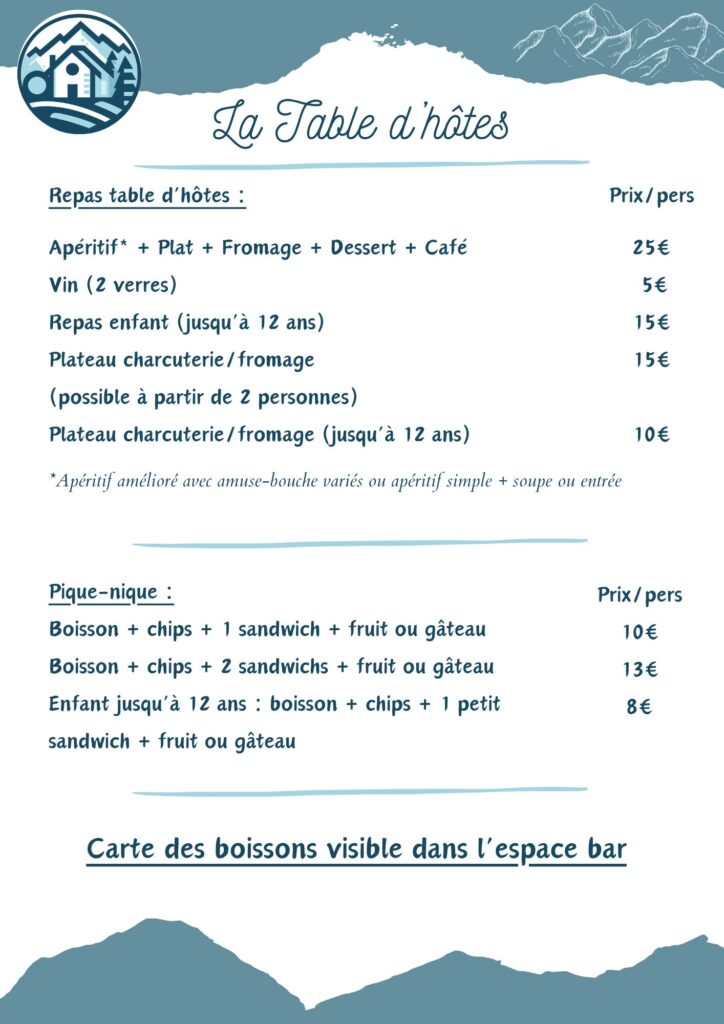 Carte de la table d’hôtes à la Datcha Anastasia, mettant en valeur les plats faits maison et produits du terroir.